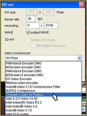 Render to AVI in MMD MikuMikudance, important to choose the right Codec video-compressor.