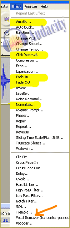 The EFFECTS Menu in Audacity® 2.o has most of the tools you will use to enhance your WAV file.