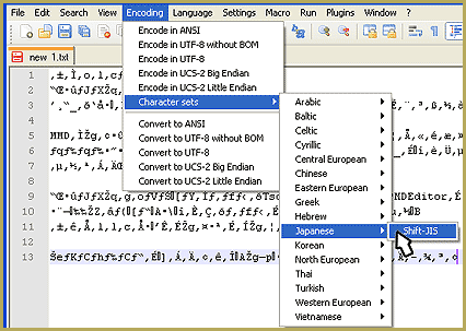 Select Japanese Shift JIS from the Convert dropdown in Notepad++.