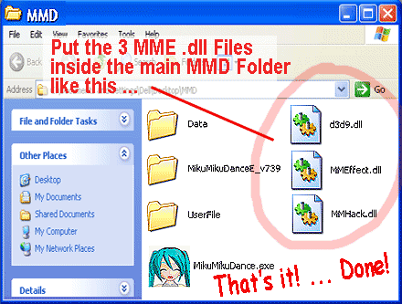 Move the 3 .dll files from the MME Download folder into the main MMD Folder.