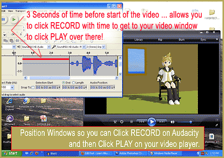 Minimize both windows so you can reach the RECORD in Audacity and then the PLAY in you video player. Make Sound Effects in your MMD video soundtrack.