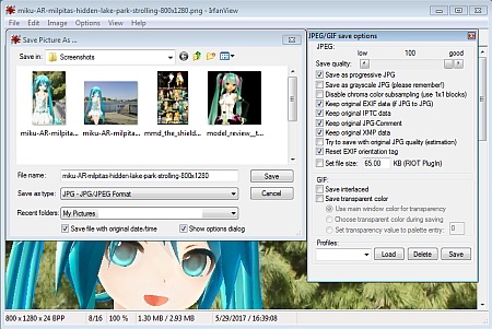 When making MMD pictures and saving as a JPG, set the "Quality" for the max that you need.