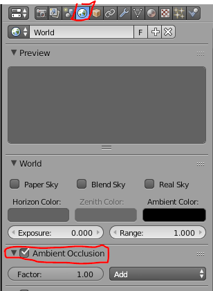 Location of World Tab and Ambient Occlusion in Blender