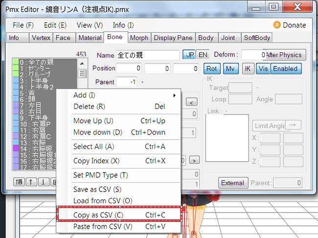 Location of 'Copy as CSV' in Bone Tab