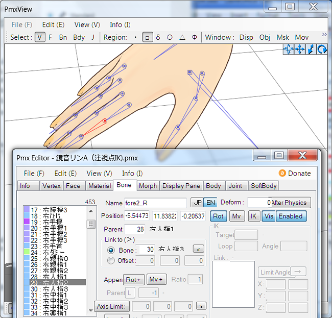 Finger bone selected with Bone Tab open