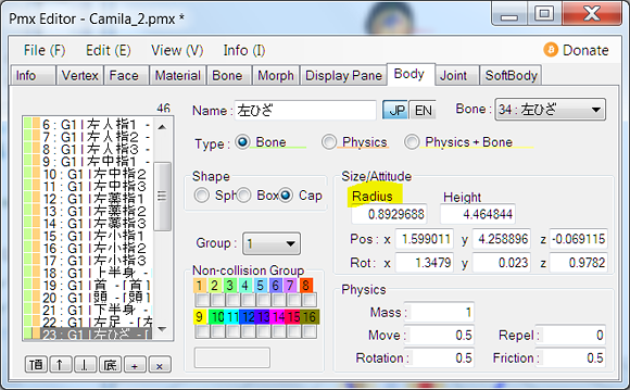 Location of Radius Box in PMXE as we add bodies to the bones in our model