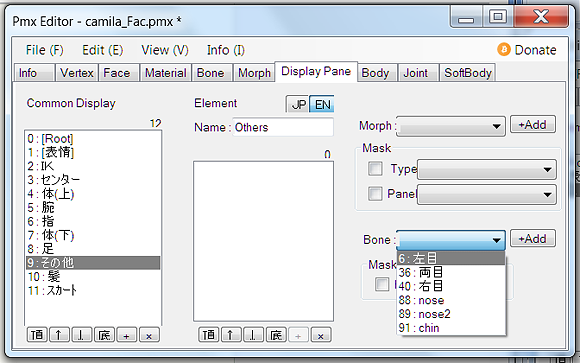 Display Pane with Bone drop down