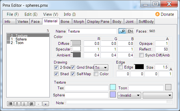 Materials Tab for Spheres