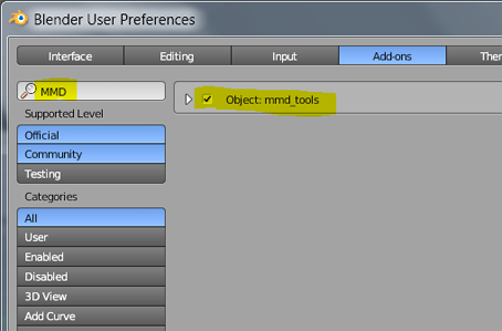 MMD_Tools highlighted in Blender User Preferences