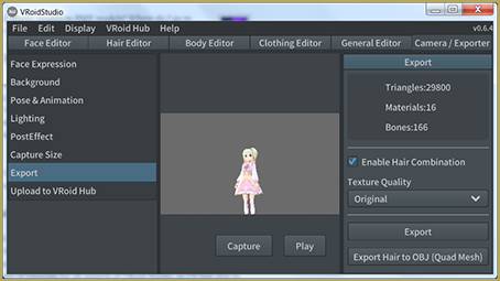 Export Screen of VRoid Studio