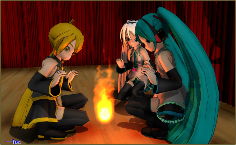 The MME TexFire Effect for MikuMikuDance provides an adjustable fire... but no light! ... Add the FireLight Effect to see the light.