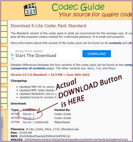 The K-Lite Codec Pack DOWNLOAD button is almost hidden!